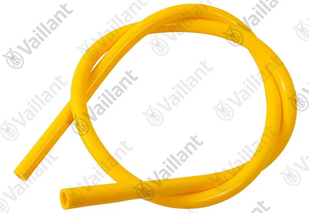 Gelber flexibler Schlauch, gewunden, mit zwei offenen Enden, geeignet für Gasanschlüsse, mit dem Markenlogo von Vaillant.